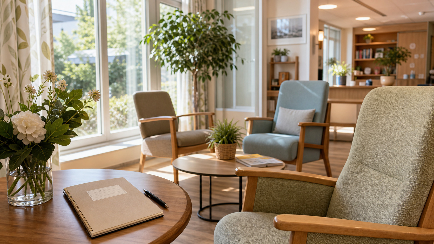 Salon commun lumineux d'EHPAD avec fauteuils, plantes et carnet de visite